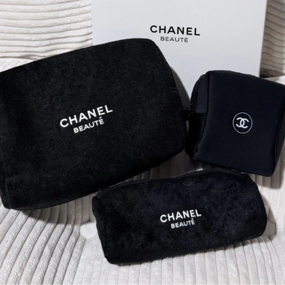 Source Unknown Handbags - Beauté 3-Piece Black Terry Cloth and Neoprene Cosmetic Pouch Set
